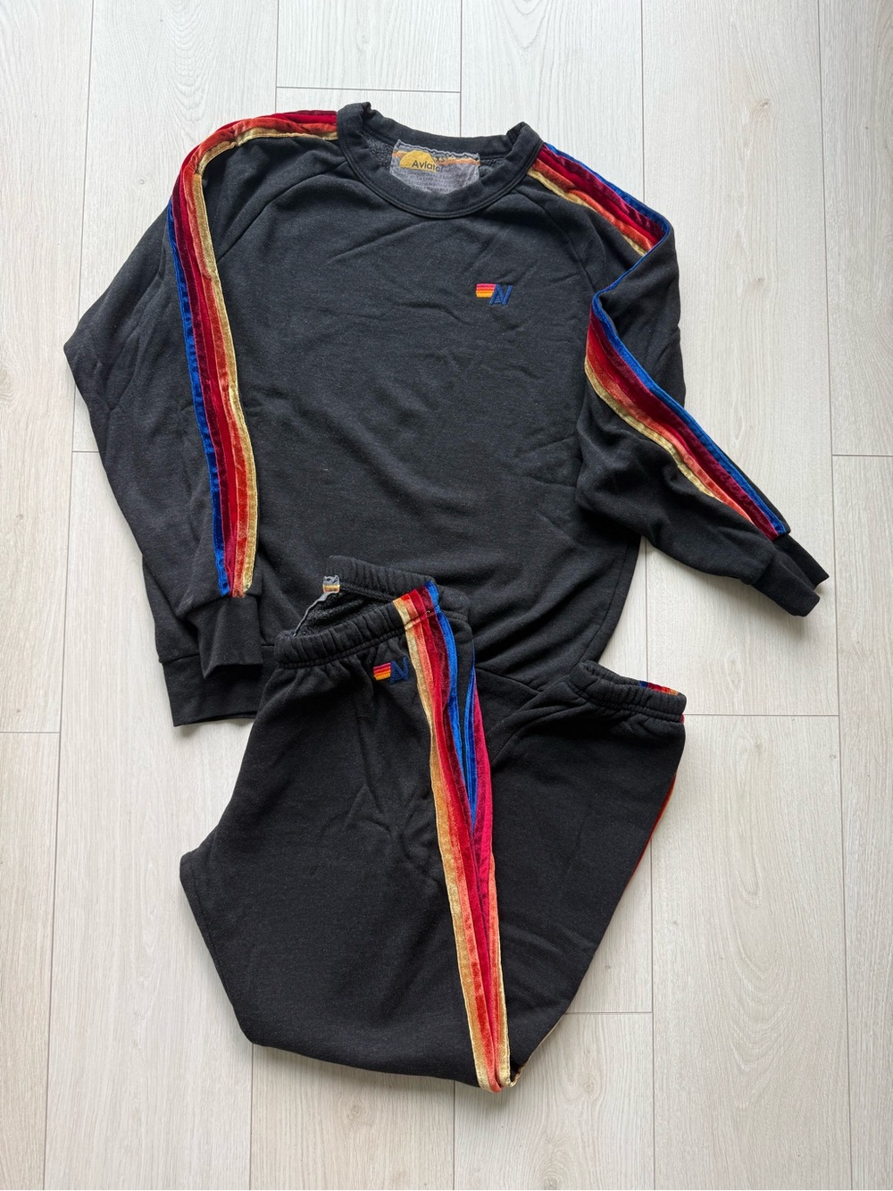 NWOT Aviator Nation Black Velour Tracksuit with Rainbow Velvet Stripes XS/S